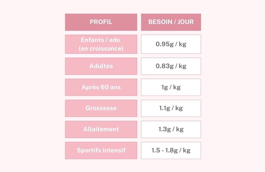 quantité de protéines nécessaires par kilo et par jour selon le type de personne et son état physiologique